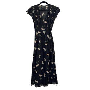 Reformation Black Short Sleeve Floral V-Neck Wrap Midi Dress